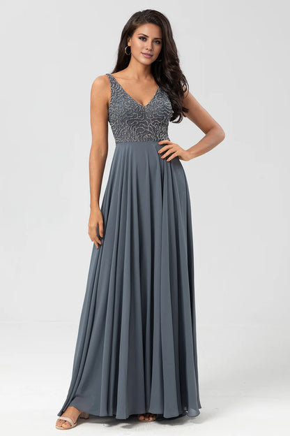 A Line V Neck Eucalyptus Confidently Charismatic Long Bridesmaid Dress with Beading Mother of Bride Dress