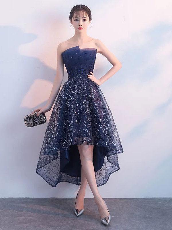 A-Line Short Cocktail Dress Strapless Sequin Dark Navy High Low Party Dress