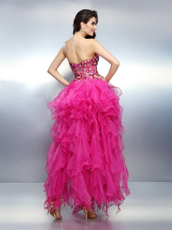 A-Line/Princess Sweetheart Rhinestone Sleeveless High Low Organza Cocktail Dresses