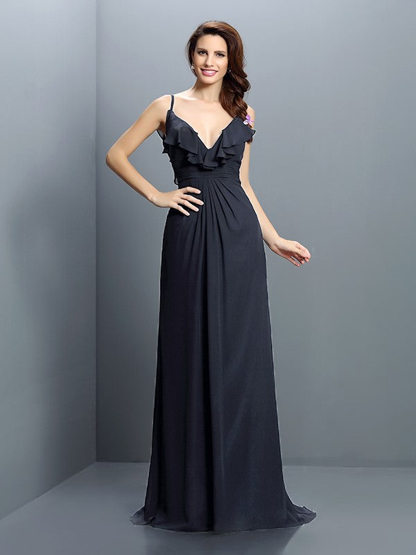 A-Line/Princess Spaghetti Straps Pleats Sleeveless Long Chiffon Bridesmaid Dresses