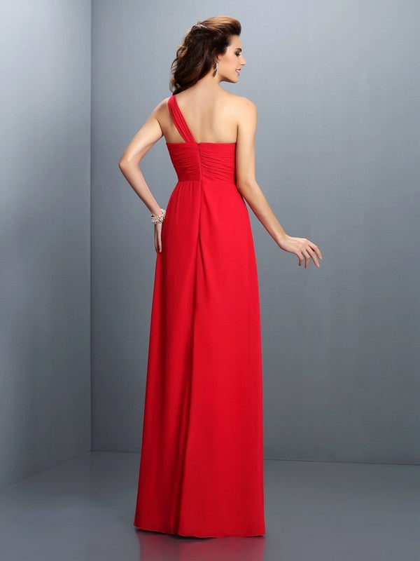 A-Line/Princess One-Shoulder Hand-Made Flower Pleats Sleeveless Long Chiffon Bridesmaid Dresses