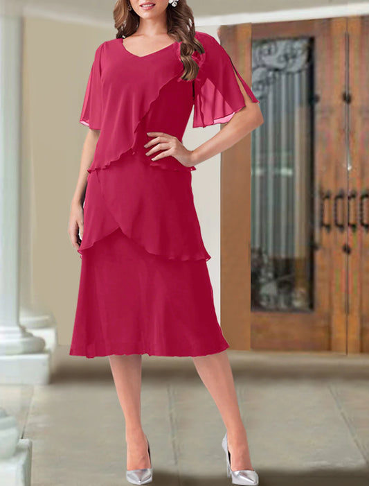 A-Line Mother of the Bride Dress Plus Size V Neck Tea Length Chiffon with Ruffles