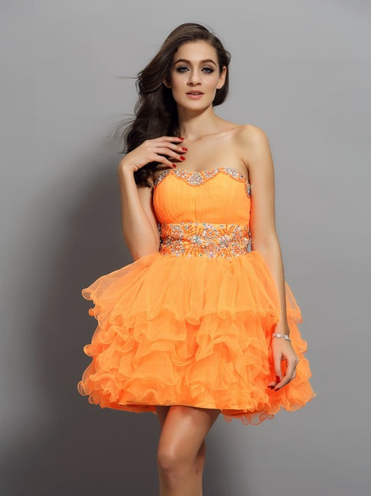 A-Line/Princess Sweetheart Ruffles Sleeveless Short Satin Cocktail Dresses