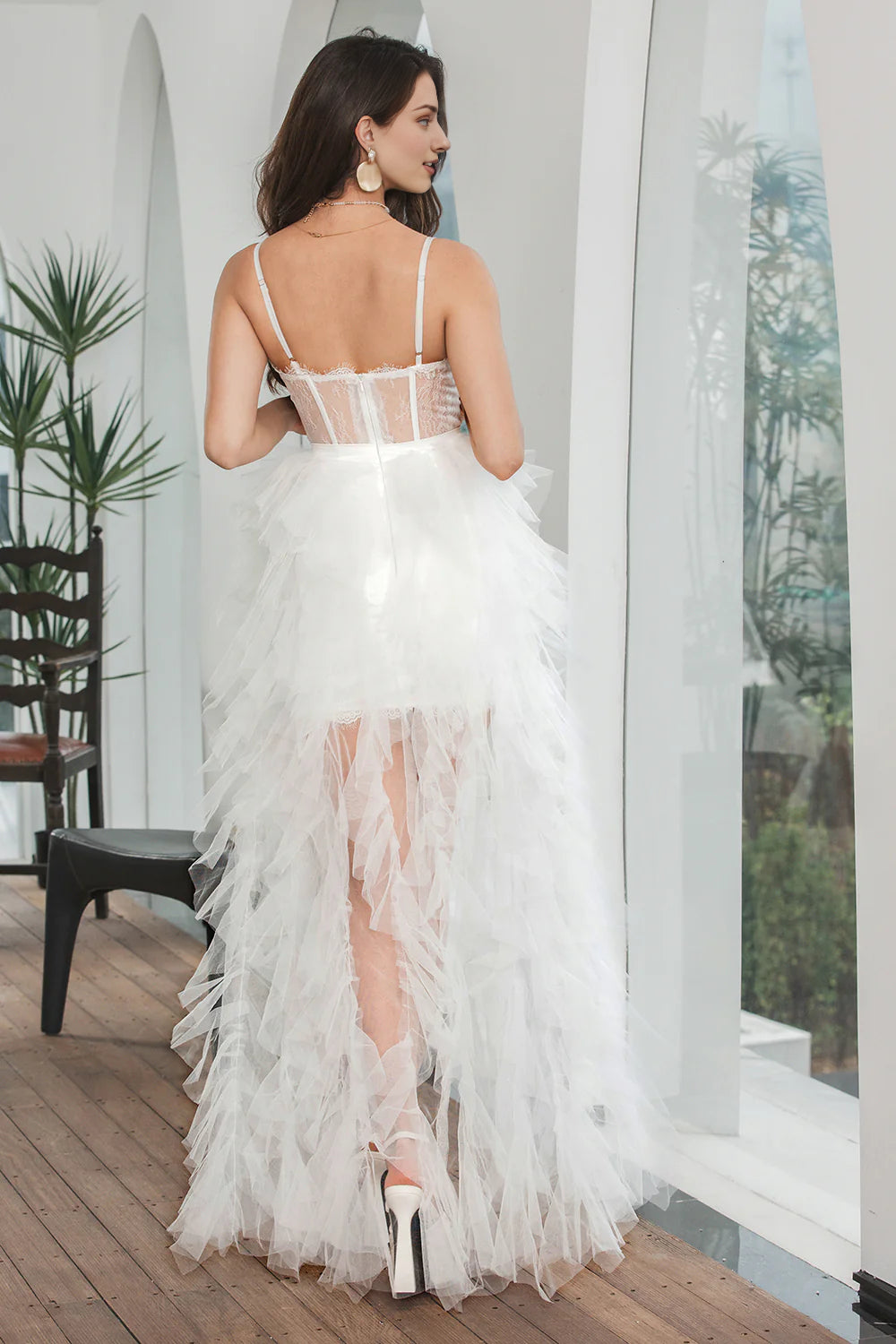 White High Low Ruffled Corset Engagement Party Dress with Lace