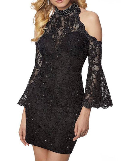 Halterneck Black Cocktail Dress Sheath Long Sleeves Lace Short Party Dress