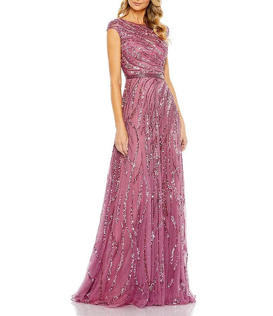 Sequin Illusion Boat Neck Cap Sleeve A-Line Gown Wedding Guest Party Dresses