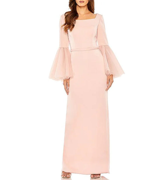 Long Flounce Sleeve Square Neck Sheath Gown Formal Wedding Guest Party Dresses