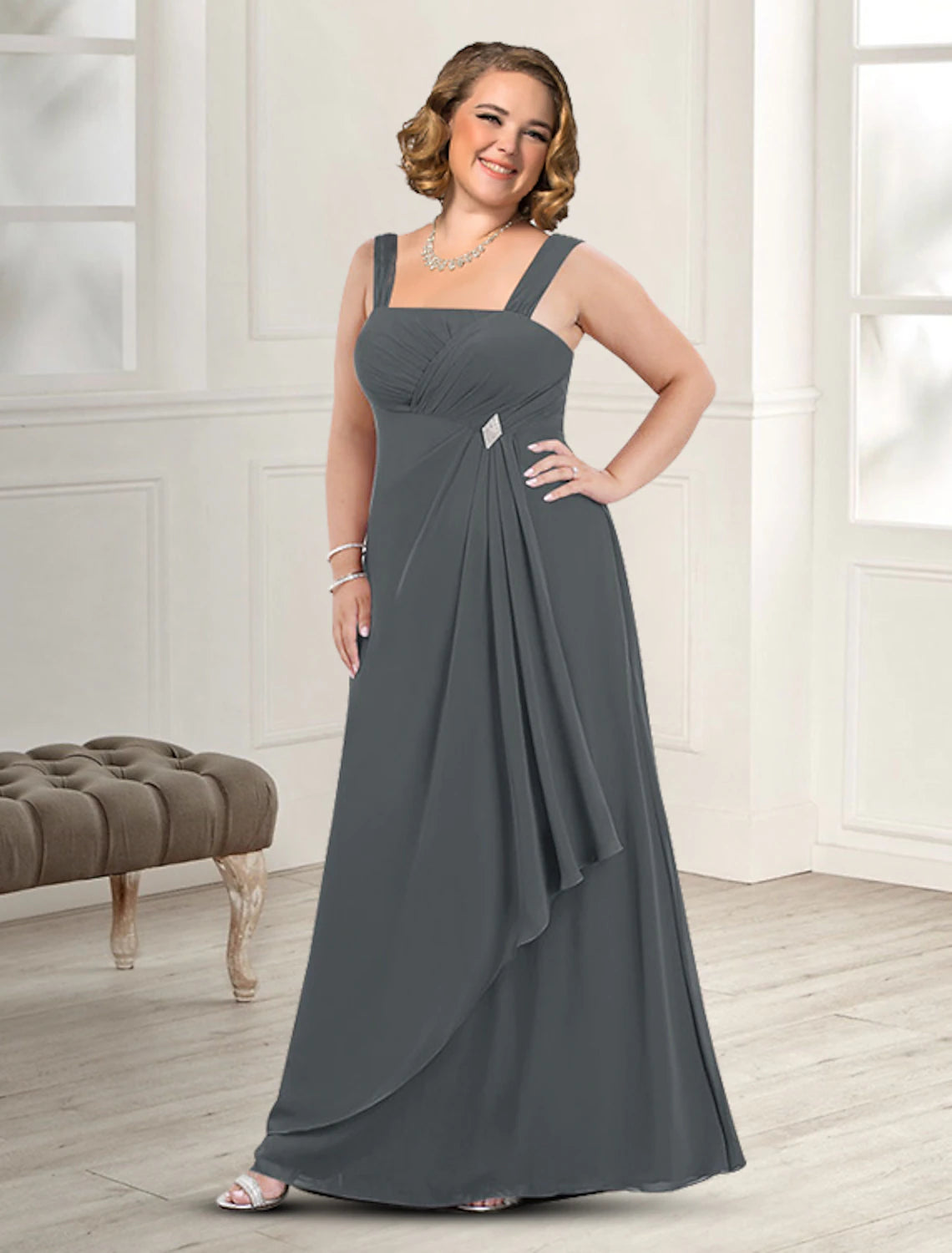 Plus Size A-Line Wedding Guest Square Neck Floor Length Chiffon Mother of the Bride Dress