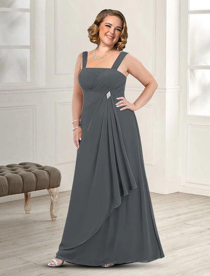 Plus Size A-Line Wedding Guest Square Neck Floor Length Chiffon Mother of the Bride Dress