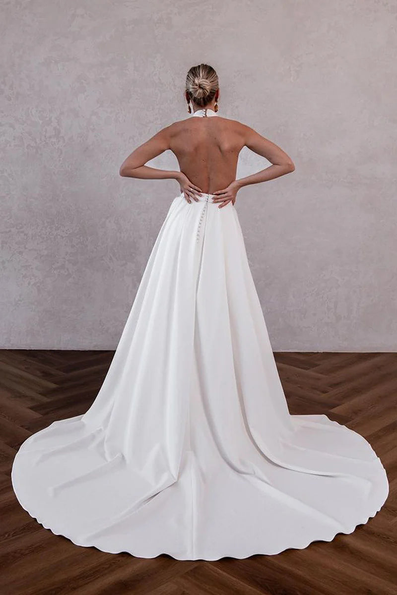 White Satin Halter Backless Wedding Dresses with DetachableTrain