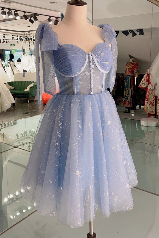 Blue Starry Corset Midi Dress with Buttons A-Line Princess Party Dresses