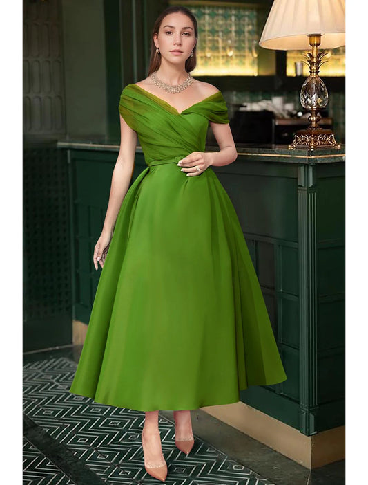 A-Line Cocktail Dress Wedding Guest Summer Ankle Length Sleeveless Off Shoulder Satin with Ruched