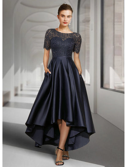 A-Line Elegant High Low Scoop Neck Asymmetrical Tea Length Satin Lace Mother of the Bride Dress Wedding Guest Dress