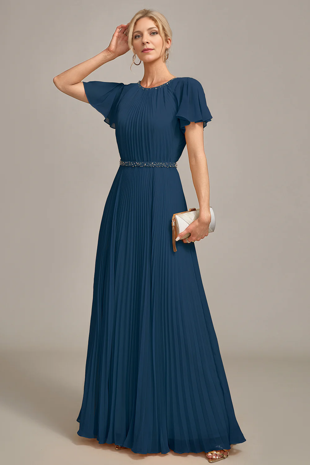 A-Line Round Neck Pleated Floor-length Mother of Bride Dress With Short Sleeves