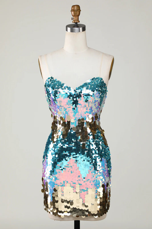 Sparkly Blue Sequined Tight Transparent shoulder strap Homecoming Dress