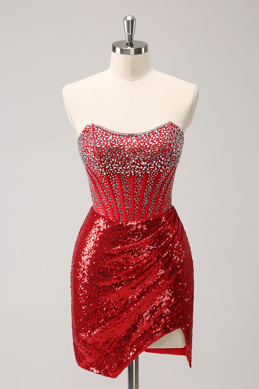 Sparkly Strapless Corset Sequined Beaded Corset Homecoming Dress with Slit