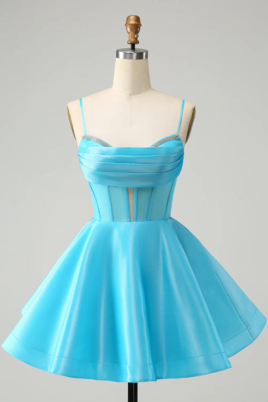 Cute Glitter Blue Cute Beading A Line Spaghetti Straps Corset Homecoming Dress With Lace Up Back