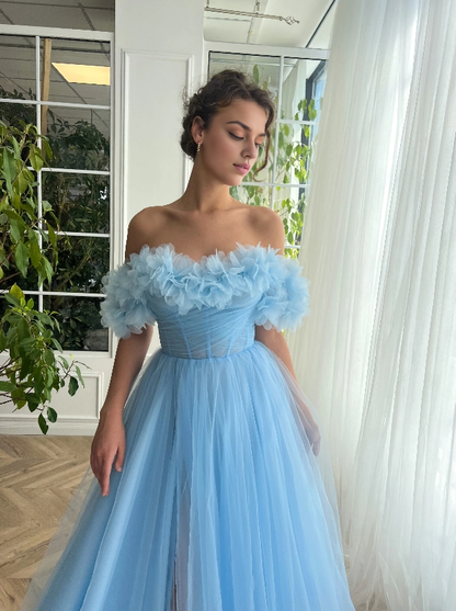 Sky Blue Off Shoulder Floor-length Princess Tulle Prom Dress With Slit