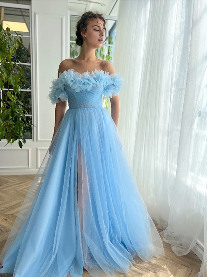 Sky Blue Off Shoulder Floor-length Princess Tulle Prom Dress With Slit