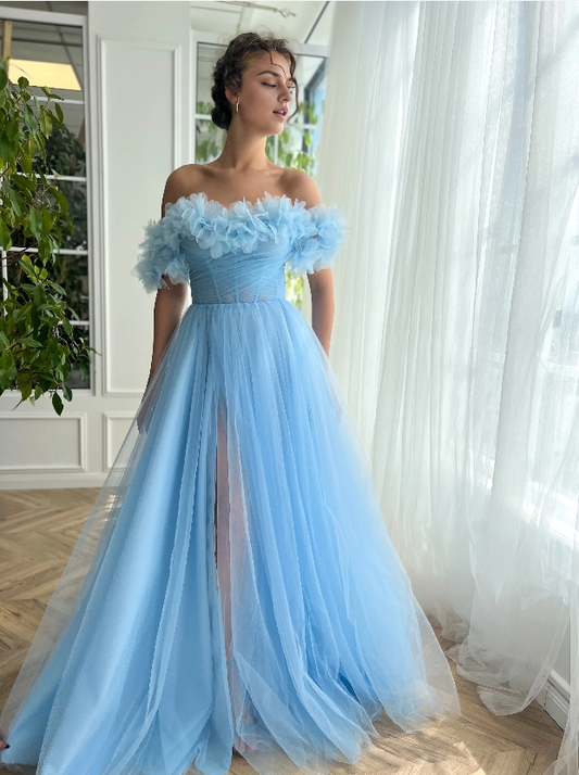 Sky Blue Off Shoulder Floor-length Princess Tulle Prom Dress With Slit