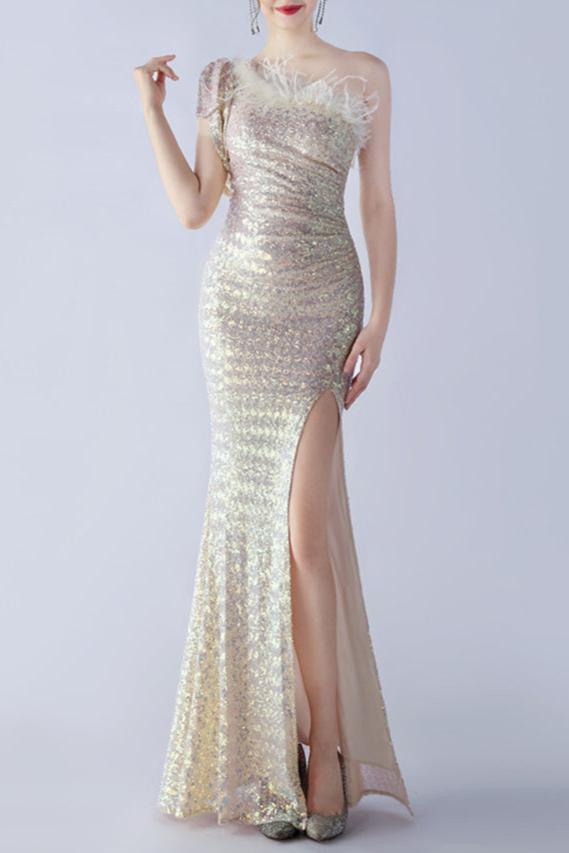 One Shoulder Sequins Evening Dress Slit Long With Feather Glitter Prom Dresses