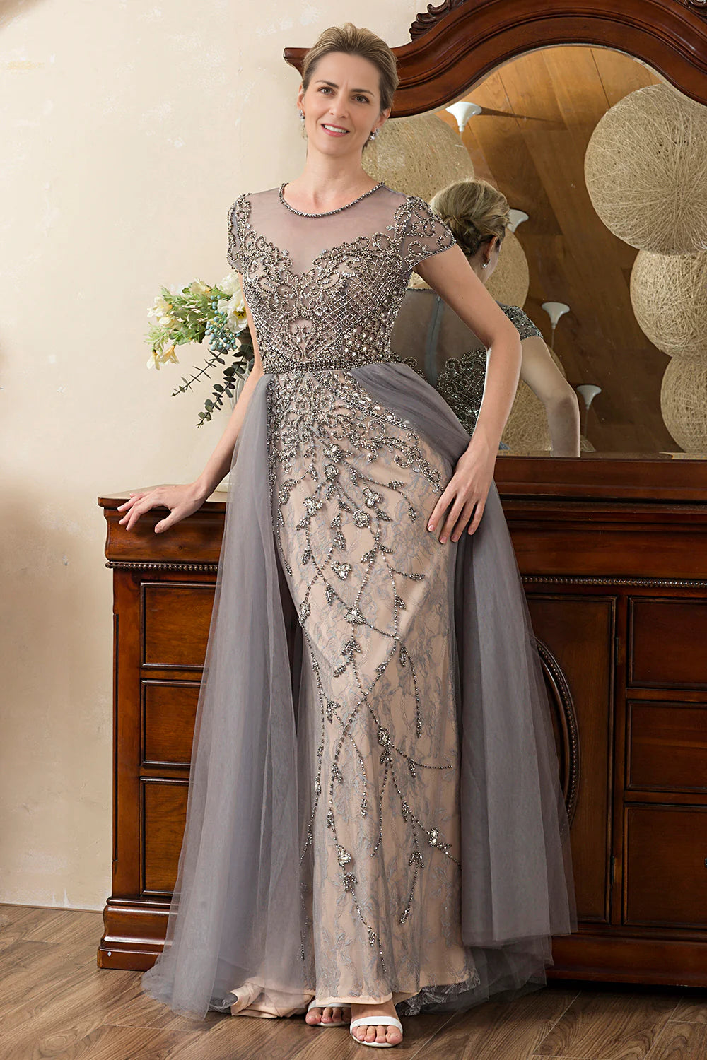 Dark Grey A Line Tulle Beaded Glitter Mother of Bride Dress