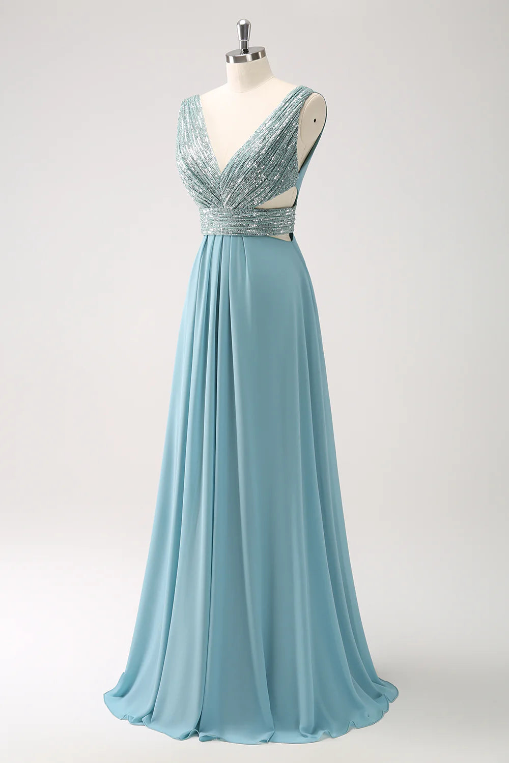 V Neck A-Line Sequins Chiffon Long Bridesmaid Dress