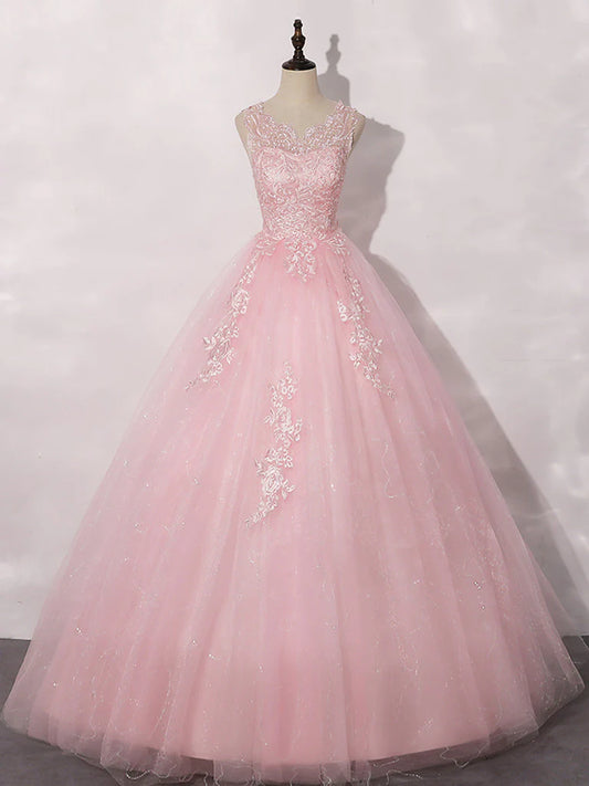 A-Line Round Neck Tulle Lace Pink Long Prom Dress Ball Gown Quinceanera Dresses