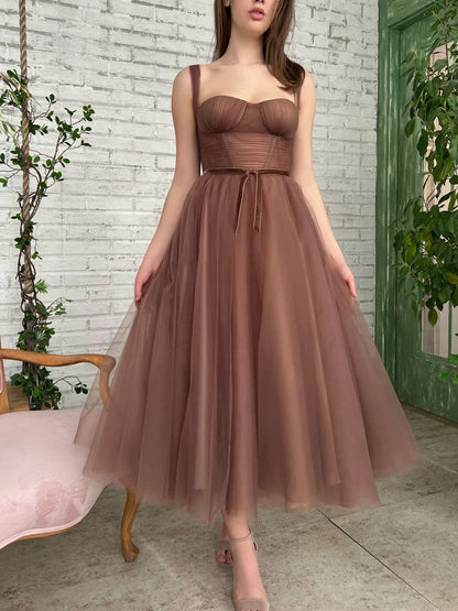 Simple A-Line Tulle Tea Length Brown Prom Dress Homecoming Dresses