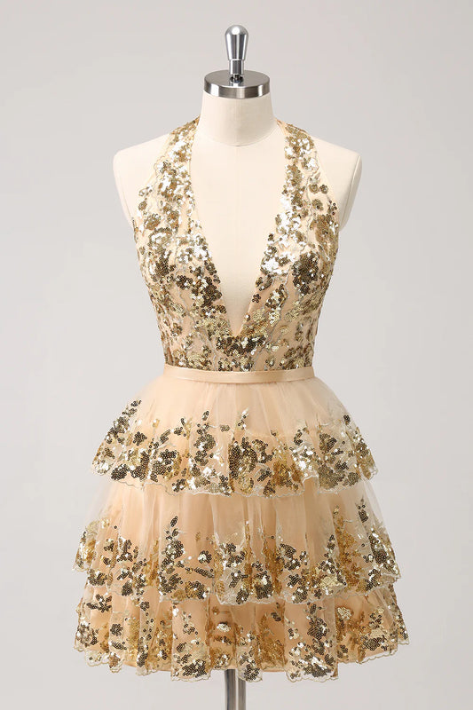 Sparkly Sequins Gold A Line Halter Tiered Backless Homecoming Dress