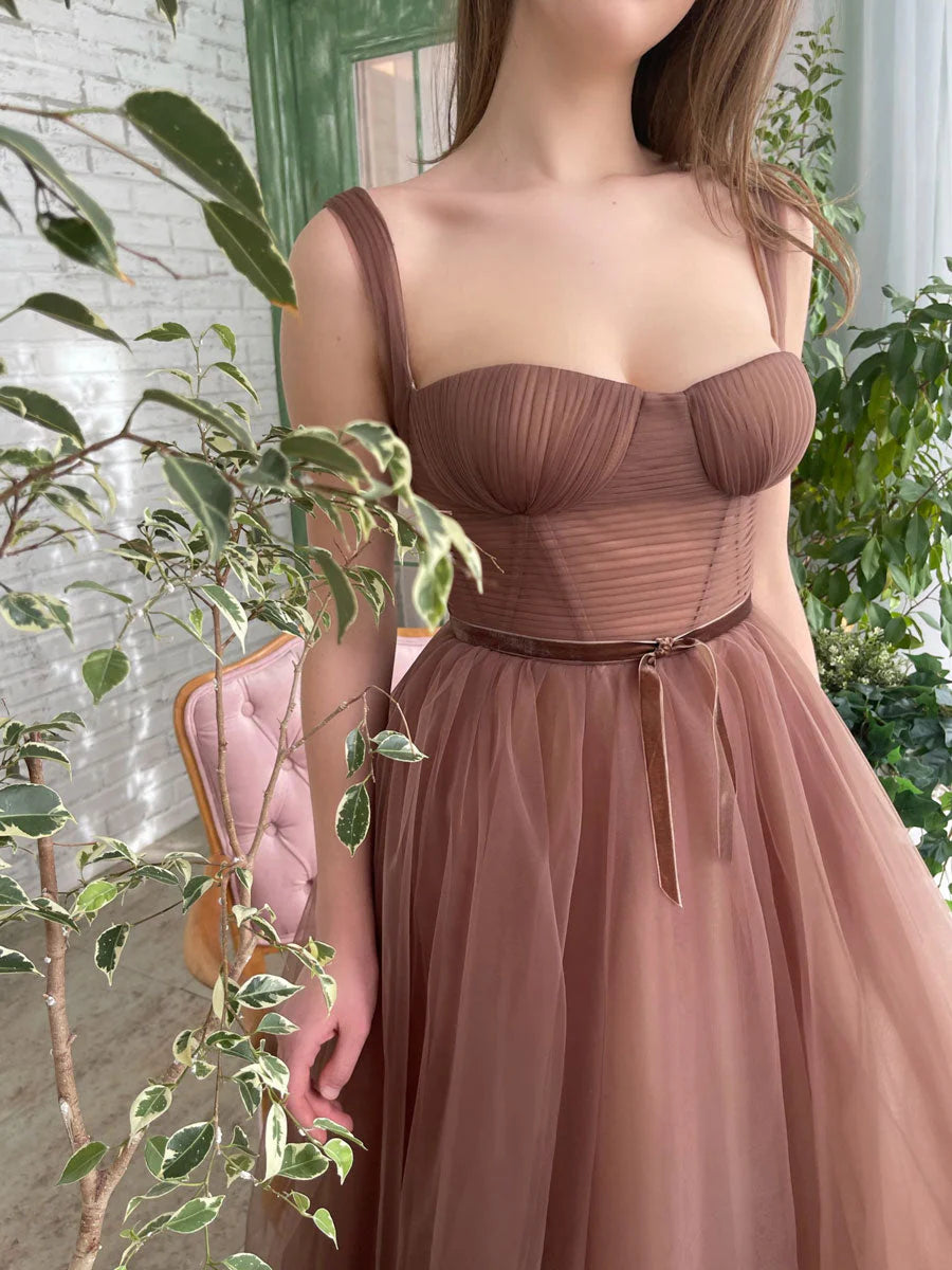 Simple A-Line Tulle Tea Length Brown Prom Dress Homecoming Dresses