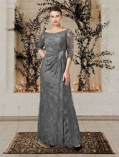 A-Line Mother of the Bride Dress Jewel Neck Floor Length Lace with Ruffles Crystal Brooch Side-Draped