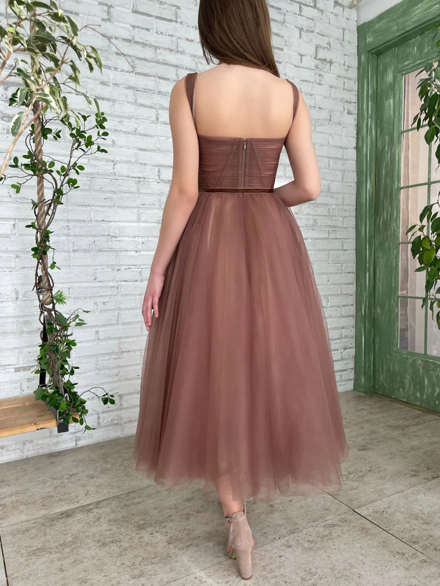 Simple A-Line Tulle Tea Length Brown Prom Dress Homecoming Dresses