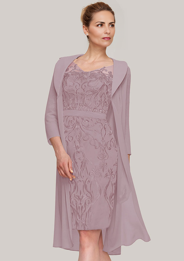 Sheath V Neck Knee-Length Chiffon Mother of the Bride Dress With Jacket Appliqued Waistband