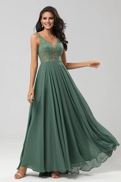 A Line V Neck Eucalyptus Confidently Charismatic Long Bridesmaid Dress with Beading Mother of Bride Dress