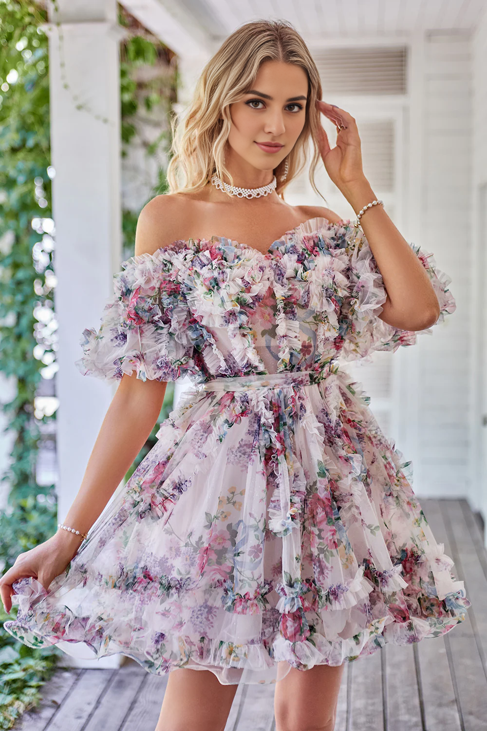 Off the Shoulder A Line Printed Tulle Cute Homecoming Dress