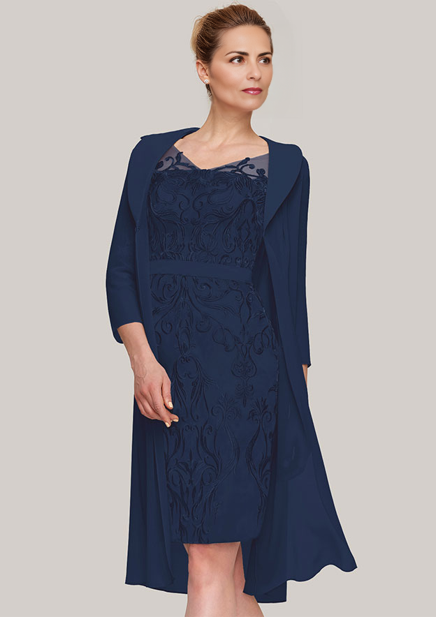 Sheath V Neck Knee-Length Chiffon Mother of the Bride Dress With Jacket Appliqued Waistband