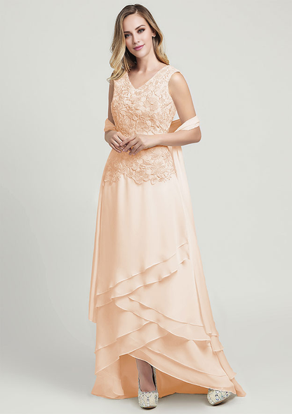 A-line Chiffon Mother of the Bride Dress V Neck Sleeveless Asymmetrical With Lace