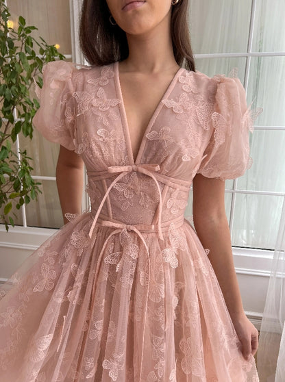 Cute A-Line Princess V-Neck Long Prom Dress Tulle 3D Butterfly Homecoming Dress