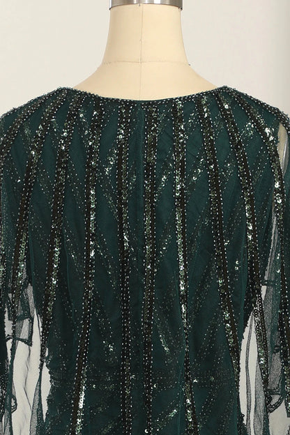 Dark Green Sequined Scoop Neck Long Mother of Bride Dress 1920s Dress