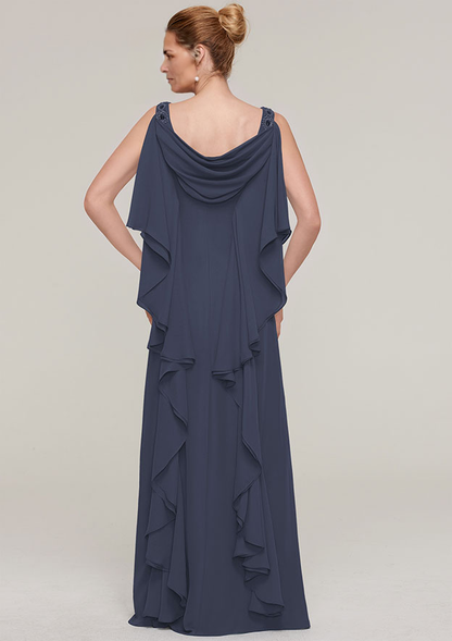 SheathColumn Cowl Neck Sleeveless Floor-Length Chiffon Mother of the Bride Dresses With Beading Ruffles