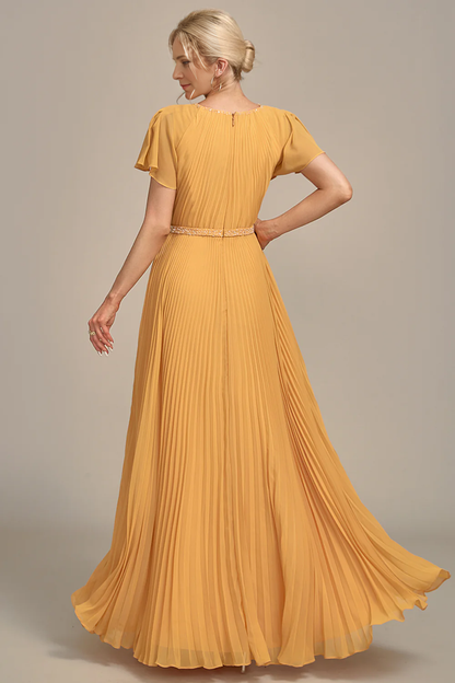 A-Line Round Neck Pleated Floor-length Mother of Bride Dress With Short Sleeves