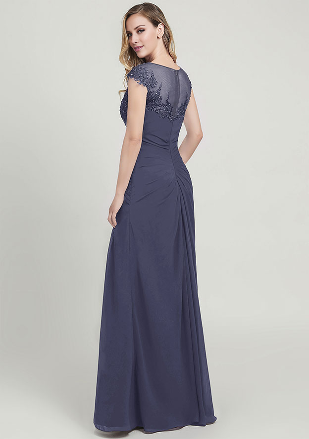 Chiffon Mother of the Bride Dress Bateau Long/Floor-Length With Split Appliqued Pleated Sequins