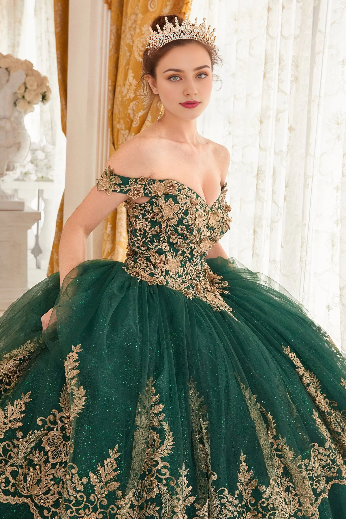 Emerald Gold Layered Lace Quince Ball Gown Princess Dress Floor Length Sleeveless Off Shoulder with Gold Appliques