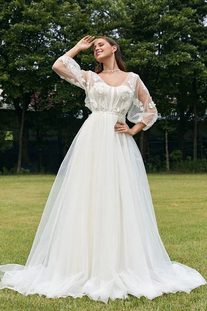 Ivory Puff Sleeves Corset Wedding Dress with 3D Flowers Sweep/Brush Train Dresses