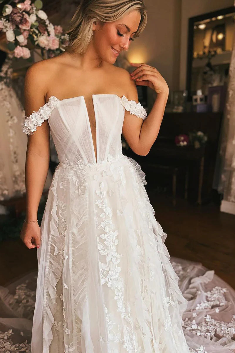 A-Line Off the Shoulder White Tulle Wedding Dresses with Appliques