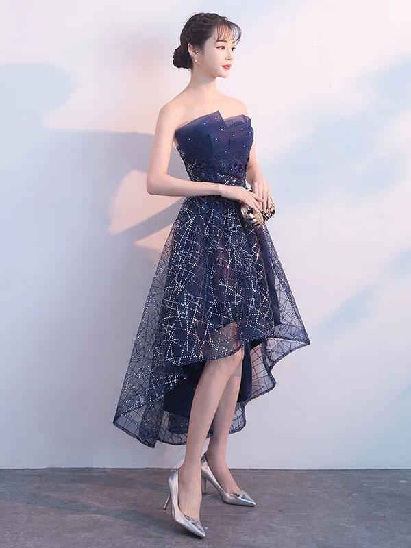 A-Line Short Cocktail Dress Strapless Sequin Dark Navy High Low Party Dress