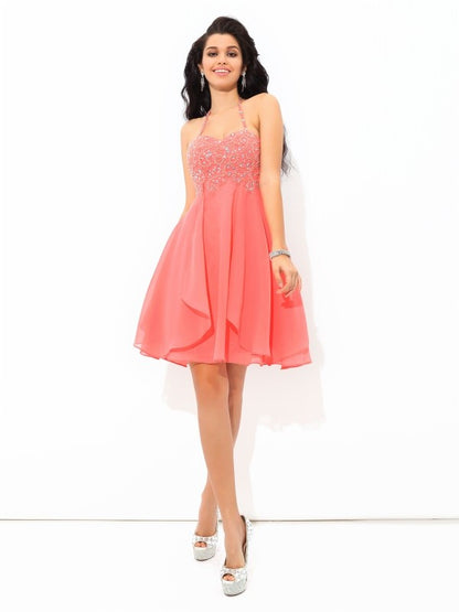 A-Line/Princess Halter Beading Sleeveless Short Chiffon Cocktail Dresses