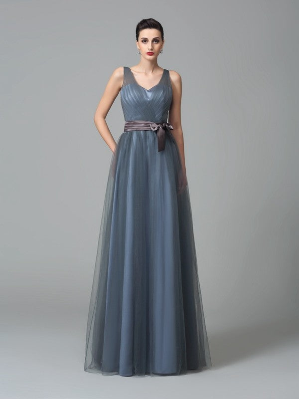 A-Line/Princess Straps Sash/Ribbon/Belt Sleeveless Long Net Bridesmaid Dresses