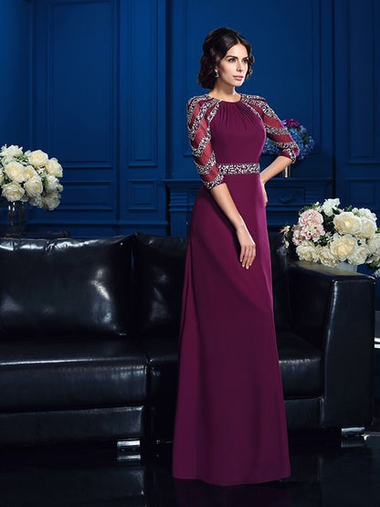 A-Line/Princess Scoop Beading 3/4 Sleeves Long Chiffon Mother of the Bride Dresses